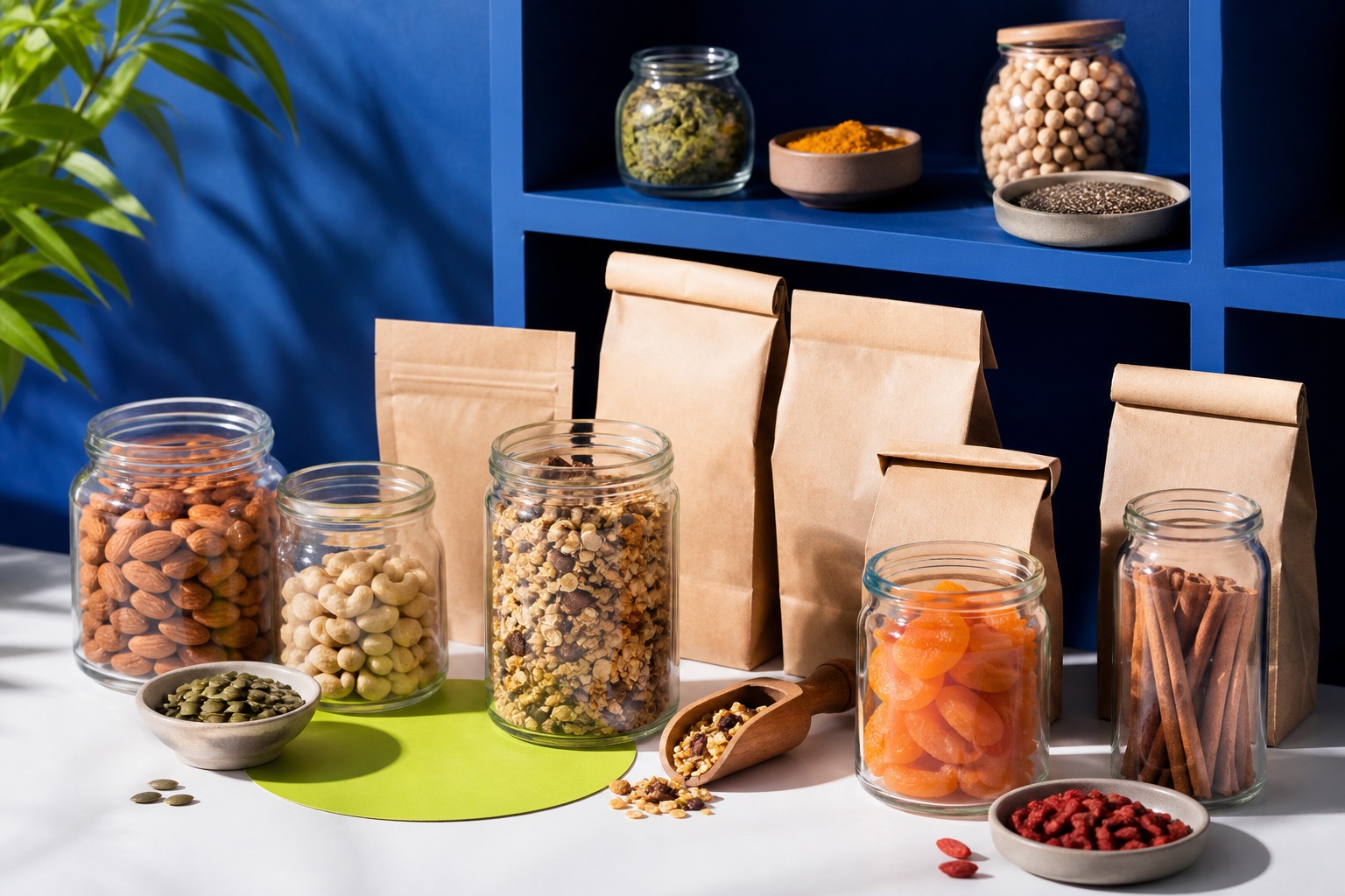 Potes de vidro com grãos, frutas secas e ingredientes variados